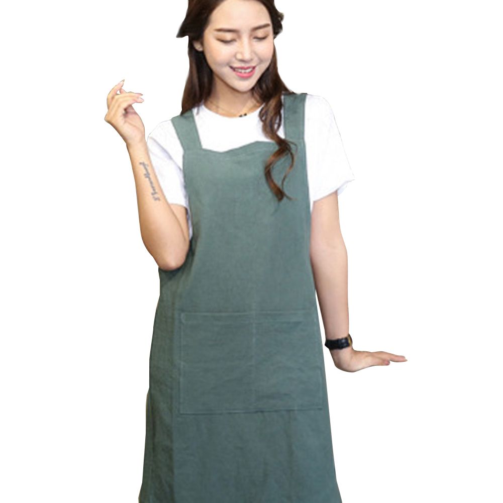 Fashion Cotton Linen Cross Back Pocket Kitchen Protective Apron Cafe Smock
