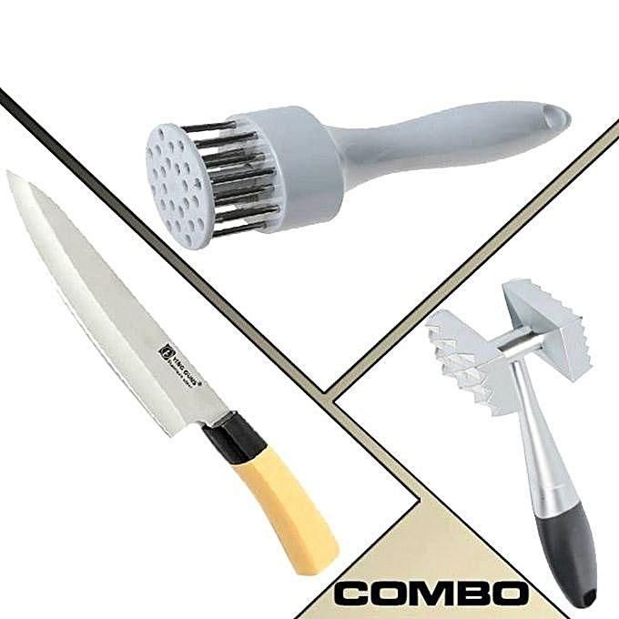 Kitchen Knife and Meat Tenderizer and Meat Hammer Combo - White and Silver