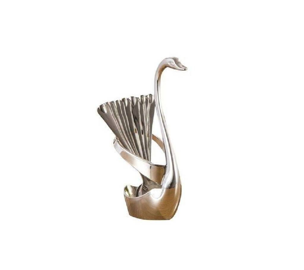 6 Pcs Spoon Set With Swan Stand - Golden