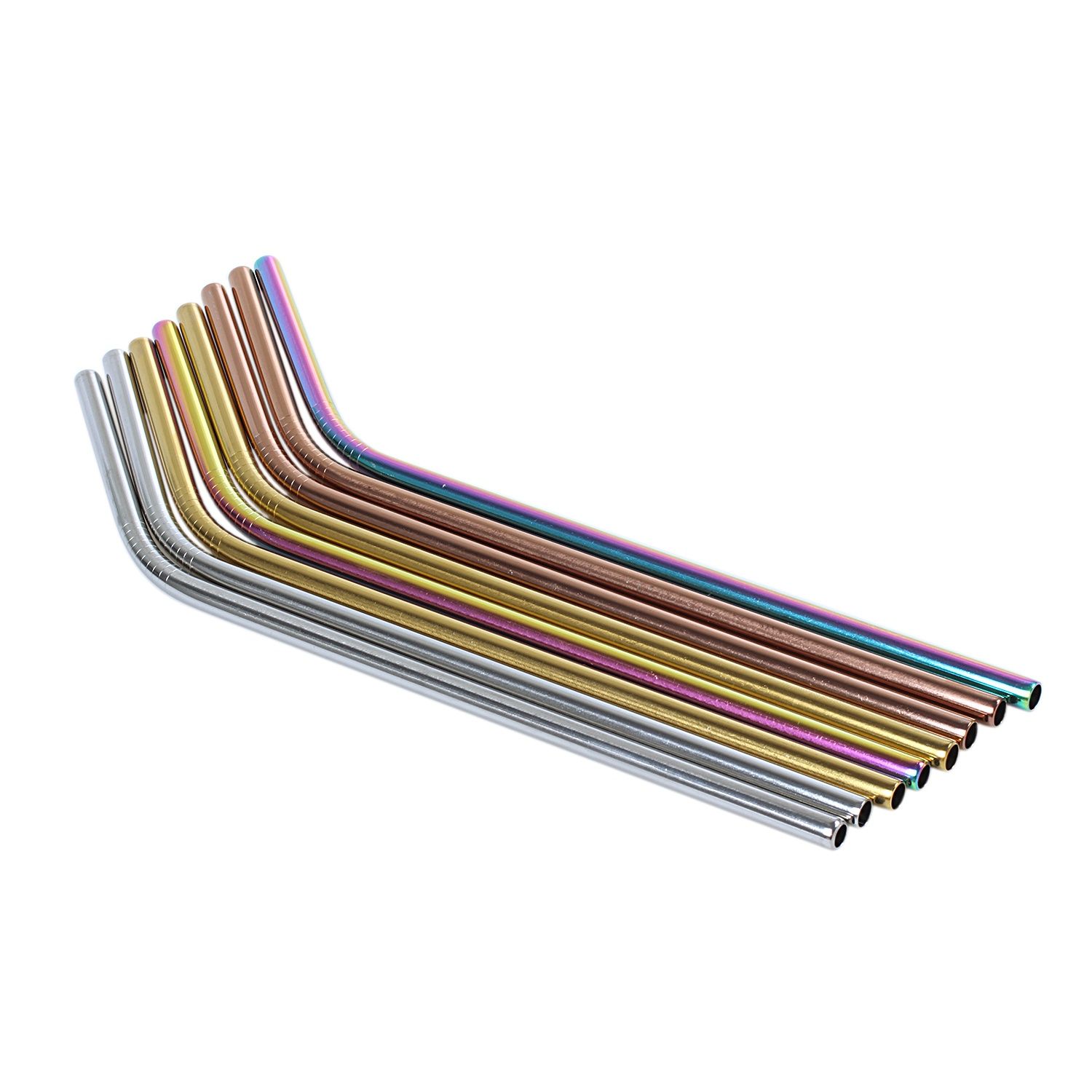 Durable 8 Pack - Stainless Steel Coloured Reusable Straws - Includes 2 Long Cleaning Brushes