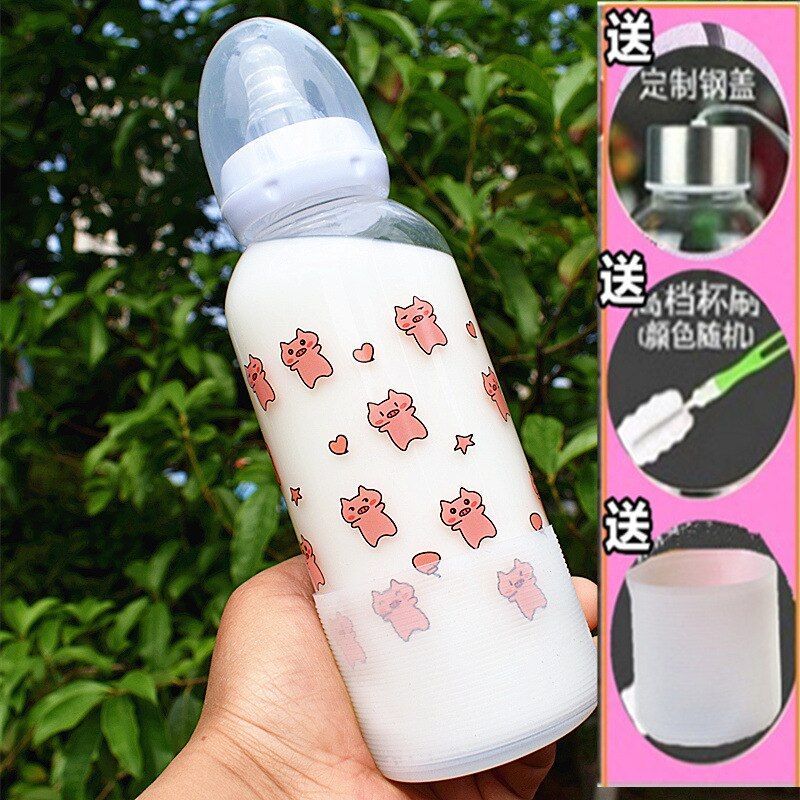 Water Bottle Pacifier Cute  Baby Bottle Child Glass Anti-scalding and Leak-proof Cartoon Cup Fruit Straw Glass Water Bottle