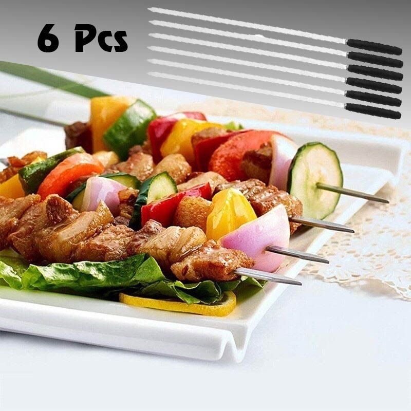 6PCS/Set Stainless Steel BBQ Needles Kebab Skewers Wood Metal BBQ Skewer Grilling Forks Barbecue Accessories