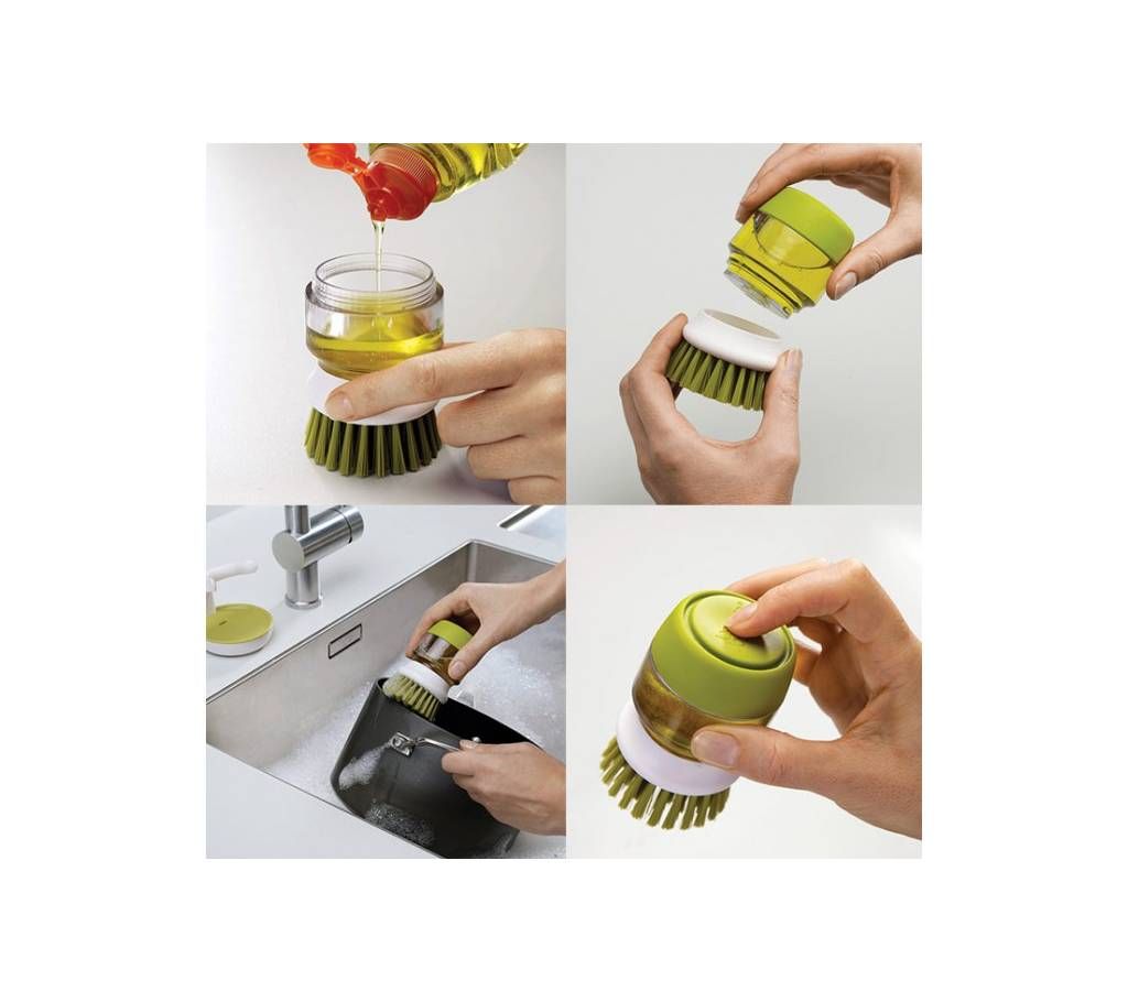 Dish washing soap dispensing brush & storage
