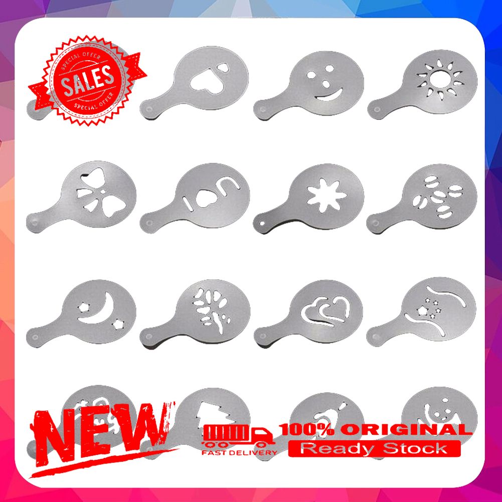 16Pcs DIY Coffee Latte Cappuccino Mold Art Baking Stencils Template Dusting Pad
