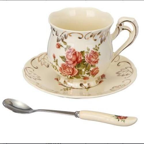 4 Sets Of Cup + Coaster + Spoon Ceramic Coffee Cup Set Beige