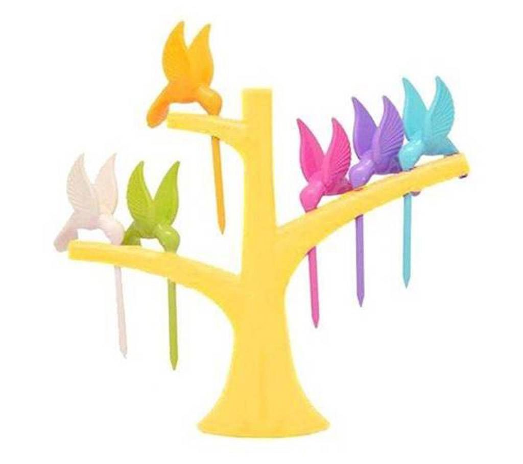 Stylish humming bird disposable plastic fruit fork set (6pcs) - Multicolor