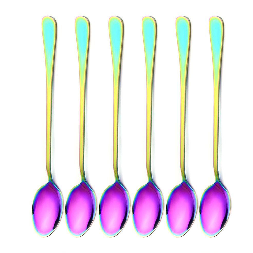 6Pcs Stainless Steel Long-handled Spoon Rainbow Dessert Ice Cream Coffee Spoon