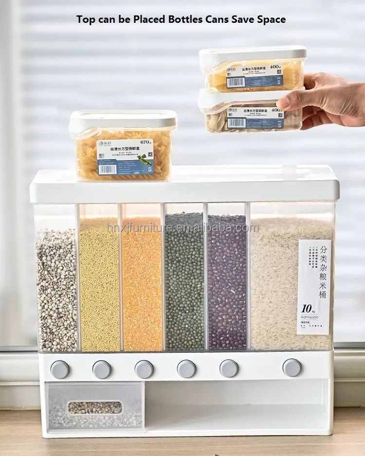 High Quality PP Plastic Grain Storage Bucket Container Automatic Cereal Rice Dispenser with Measuring Cup
