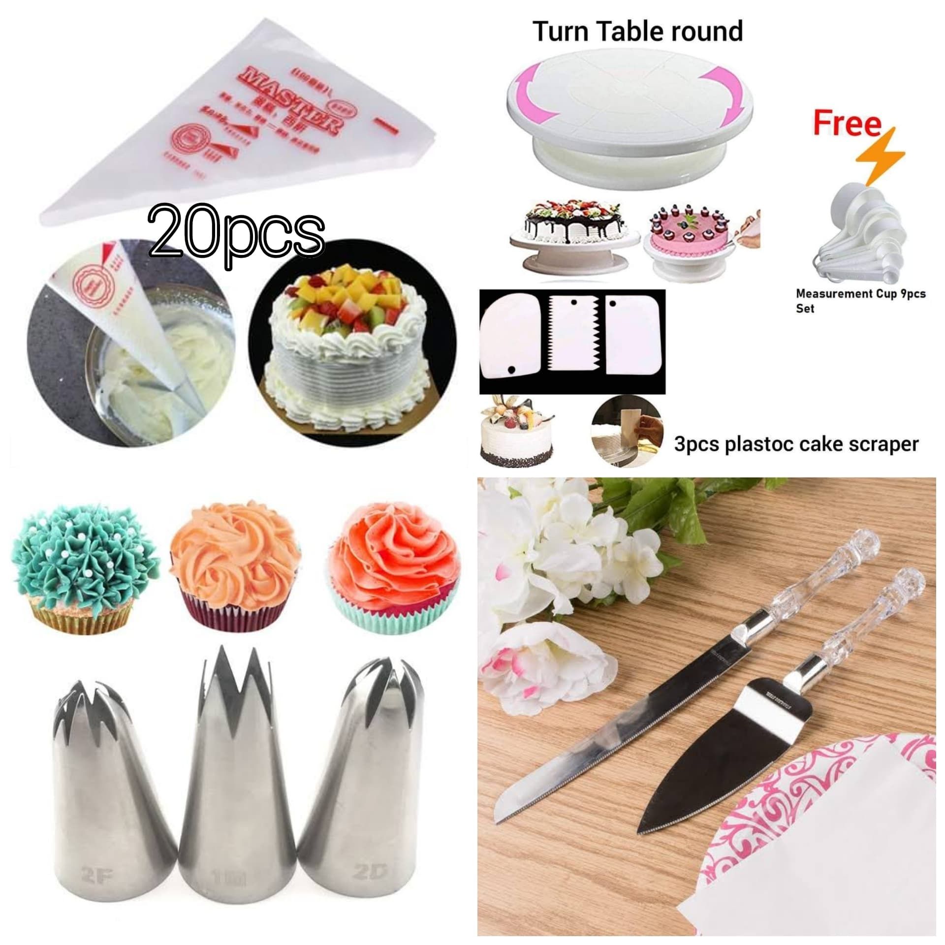 Best  Combo Set-cake Turn table 28Cm+3Pcs scraper set+9Pcs mesurment Cup set Free+2Pcs Baking Knife set-91pcs steel server+1Pcs steel Bread Knife +3pcs Large 2D,1M,2f Nozzle+20Pcs Paiping Bag