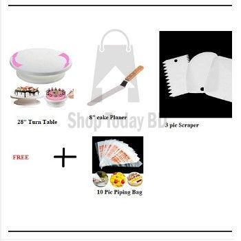3 Combo Turn Table+3 Pcs Scraper set- white+ Cake planer-8" + FREE 10 Pic Piping Bag