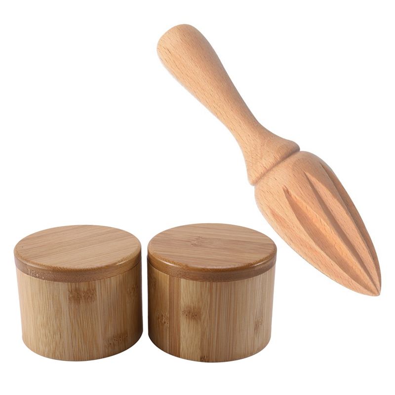 1Pcs Wooden Lemon Squeezer Mini Juicer with 2Pcs Storage Boxes Salt Box Wooden Bamboo Storage Box