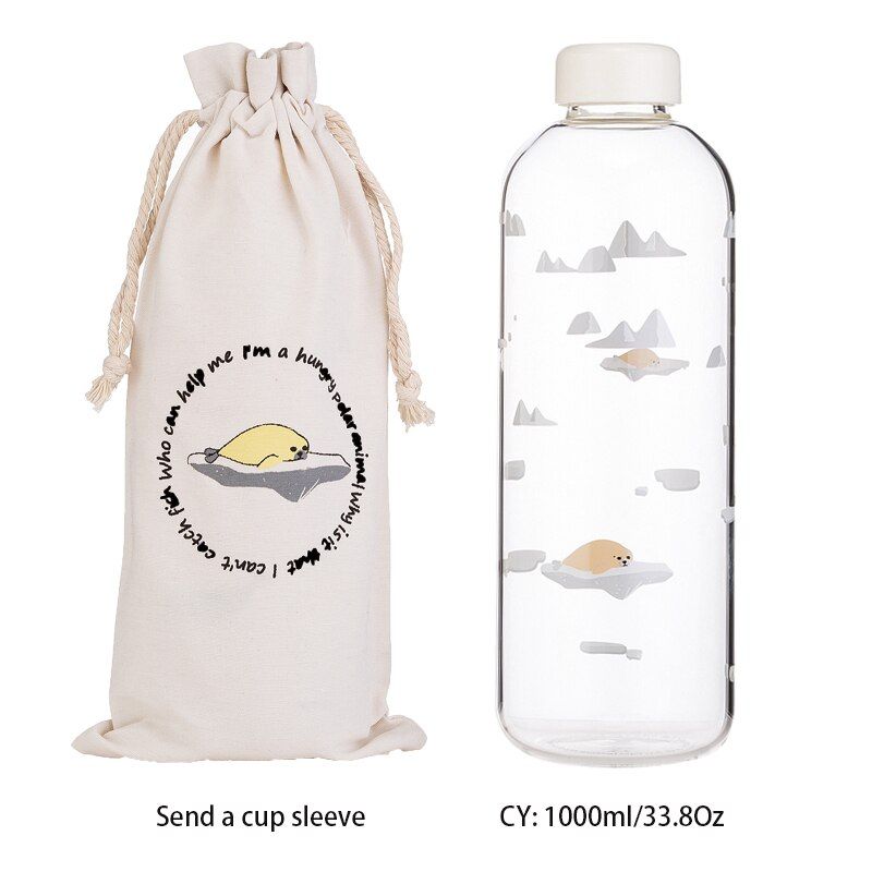 1000ml Penguin Glass Water Bottle with Sleeve Creative Sport Bottles Camping Bottle Tour Drinkware Drop Shipping