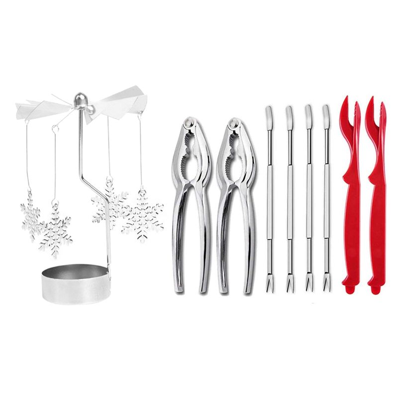 2Pcs Spinning Candlestick Rotating Metal Snowflake Carousel Tea Light Candle Holder with Seafood Tools Set