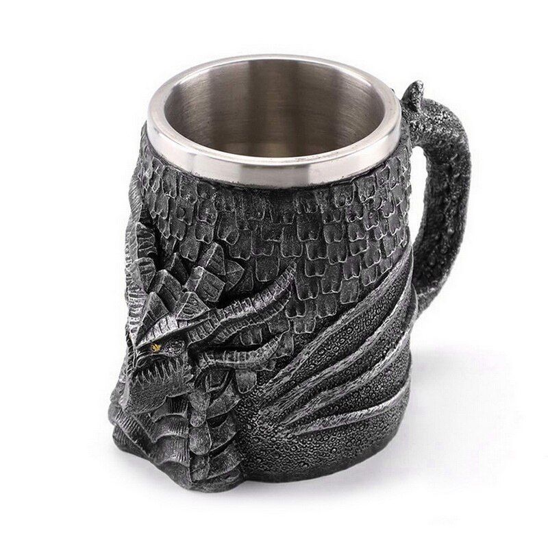 Coffee Cup Creative Tea Mug Pub Decoration Retro Dragon Resin Stainless Steel Mug Skull Knight Tankard Halloween