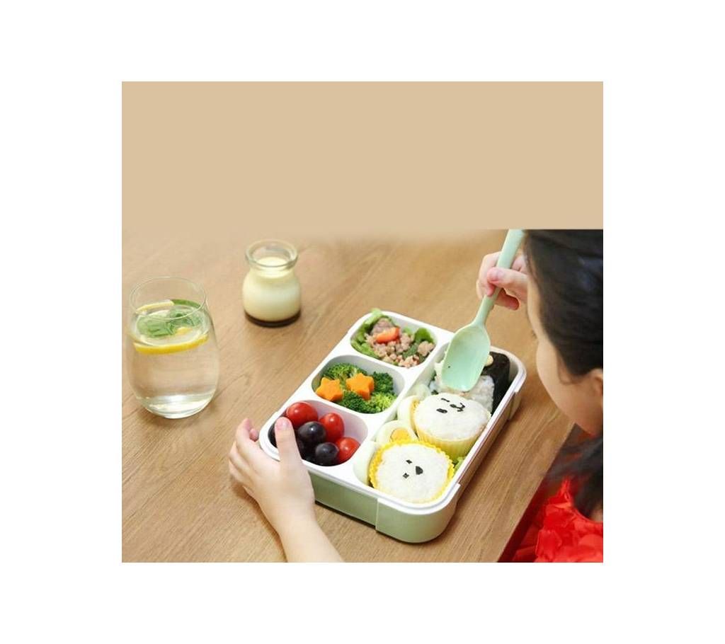 Leak-Proof Sealing 4 Compartments Grid Lunch Box with Spoon - Green Mint