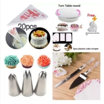 Best 4ITEMS Combo Set-cake Turn table 28Cm+3Pcs scraper set+9Pcs mesurment Cup set Free+2Pcs Baking Knife set-91pcs steel server+1Pcs steel Bread Knife +3pcs Large 2D,1M,2f Nozzle+20Pcs Paiping Bag