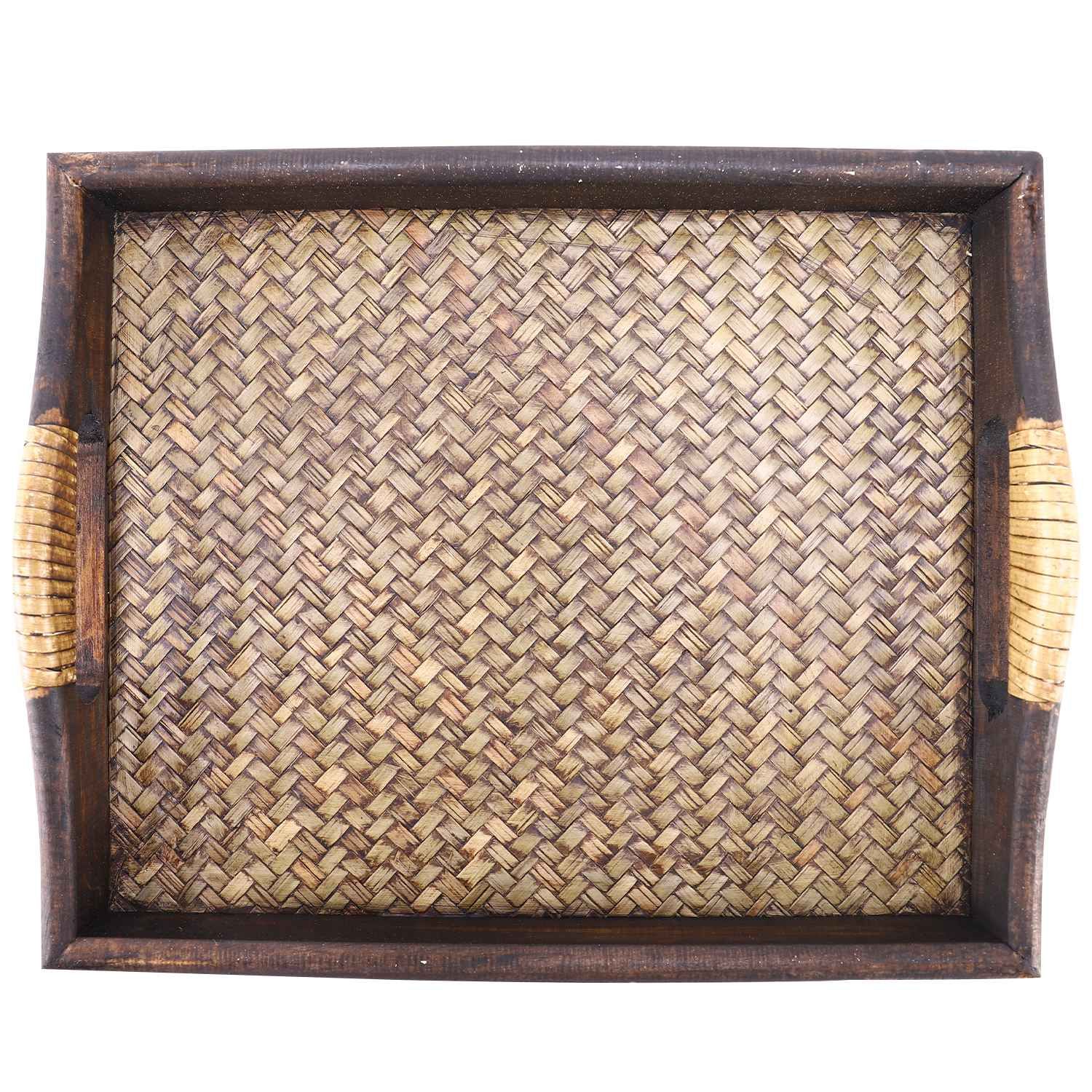 Multi-Functional Wooden Serving Trays With Handle Rectangle Handmade Rattan Bamboo Tea/Oil Trays Dessert/Coffee/Fruits Plate 30.5 x 23 x 3.8Cm