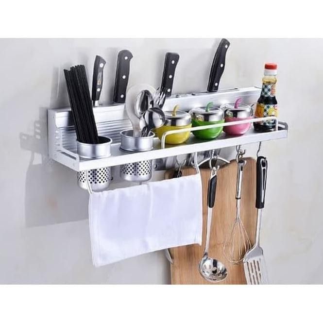 Aluminum kitchen racks wall hanging kitchen pendant knife rack seasoning rack multi-purpose storage rack 60CM double cup with guardrail