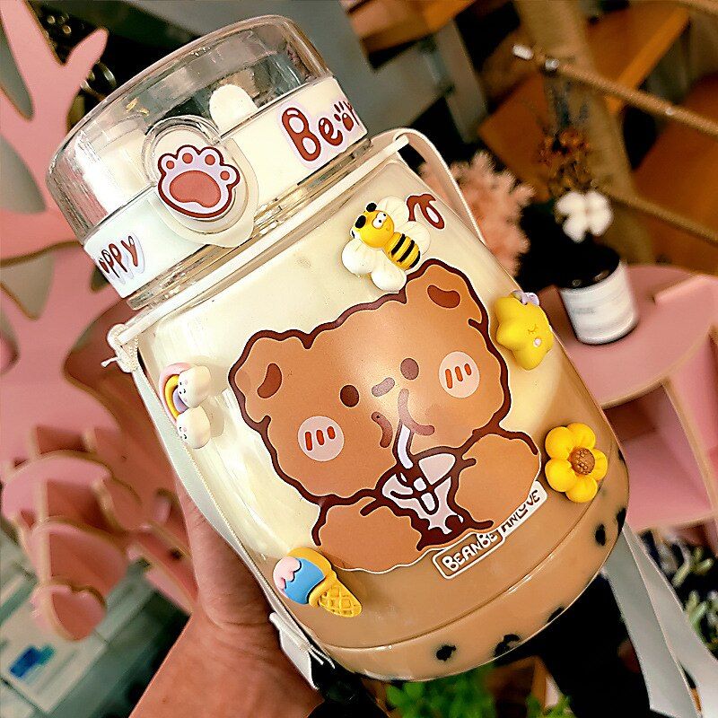 1300ml Kawaii Milk Tea Bear Bottle With Straw Outdoor Sport Large Capacity Plastic Drinking Water Bottle Double Drink Juice Cups