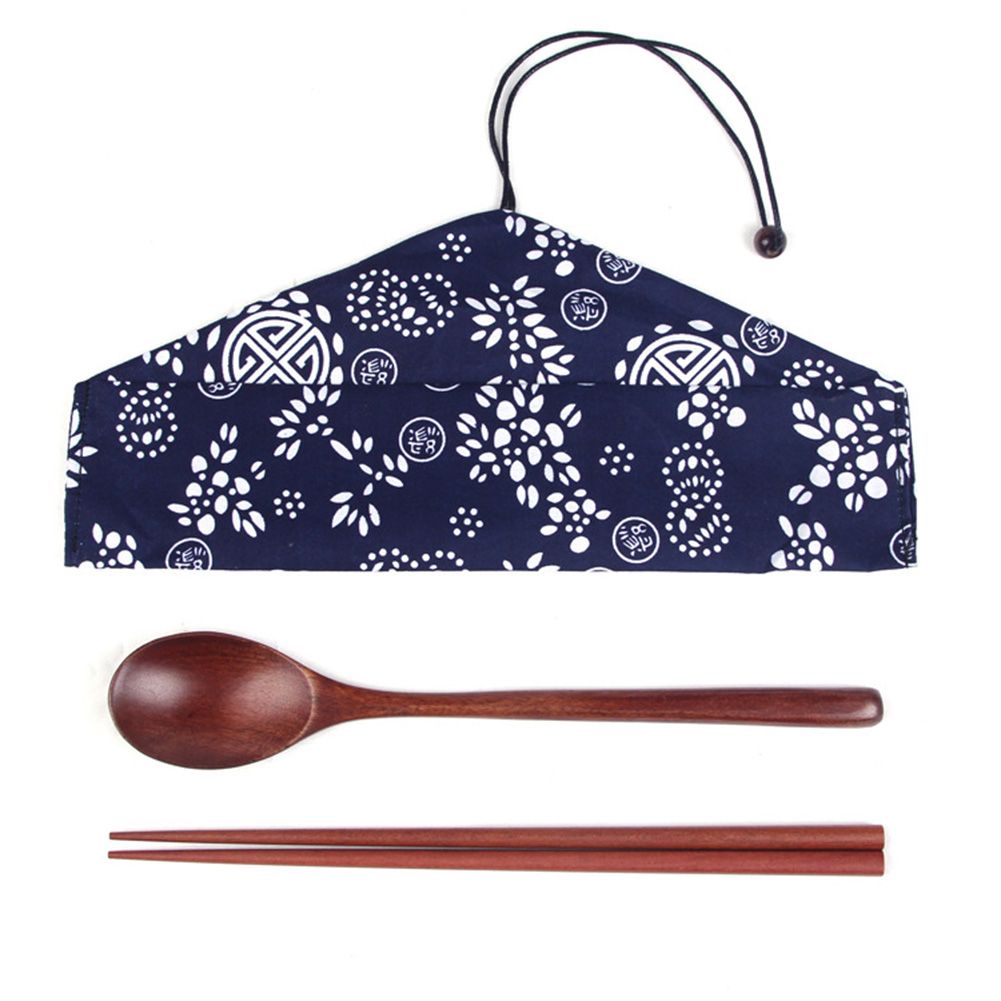 Vintage Portable Wooden Chopsticks Spoon Cutlery Tableware with Storage Bag