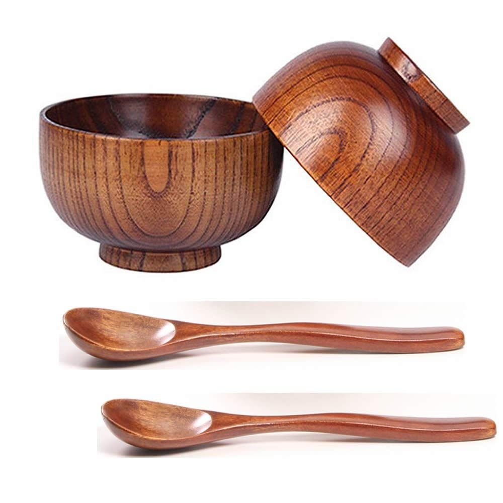 Individual 4 Pieces Wooden Handmade Bowl and Spoon for for Rice Miso Serving Home Kitchen Tableware Exquisite Product