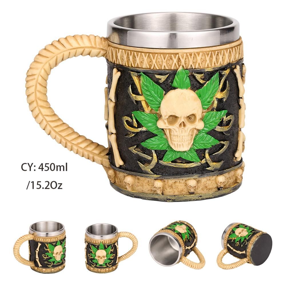 Viking Resin Stainless Steel Mug Pirate Stein Creative Tankard Skull Coffee Cup Tea Mug Tumbler Pub Decor Drop Shipping