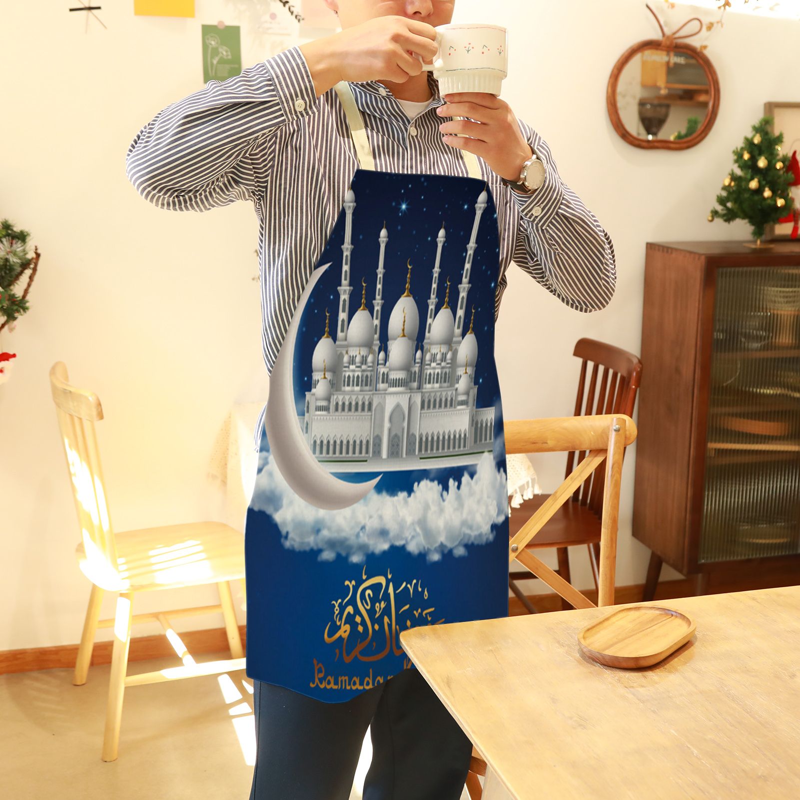 Cooking Apron Fixed Neck Tie Moon Shape Printed Bib Apron