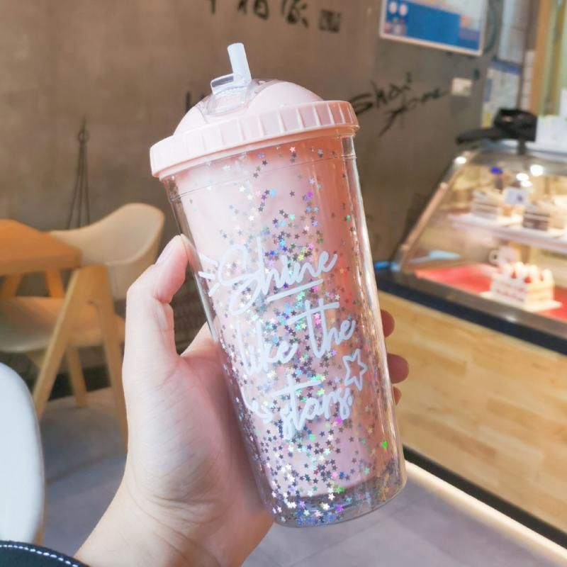 Reu Straw Cup RainBubble Sequined Glitter Cup Coffee Juice Straw Mug Personalized Plastic Bottom Outdoor rtable Cup