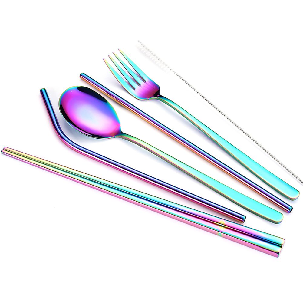 6Pcs Portable Stainless Steel Chopsticks Spoon Fork Straws Kitchen Tableware Set
