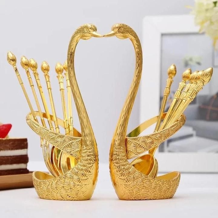 Best item for gift, swan Base Holder Coffee Spoons Set with 3 Forks and 3 Spoons Creative Metal Coffee Dessert Spoon Set for Coffee Dessert Ice Cream Use Great