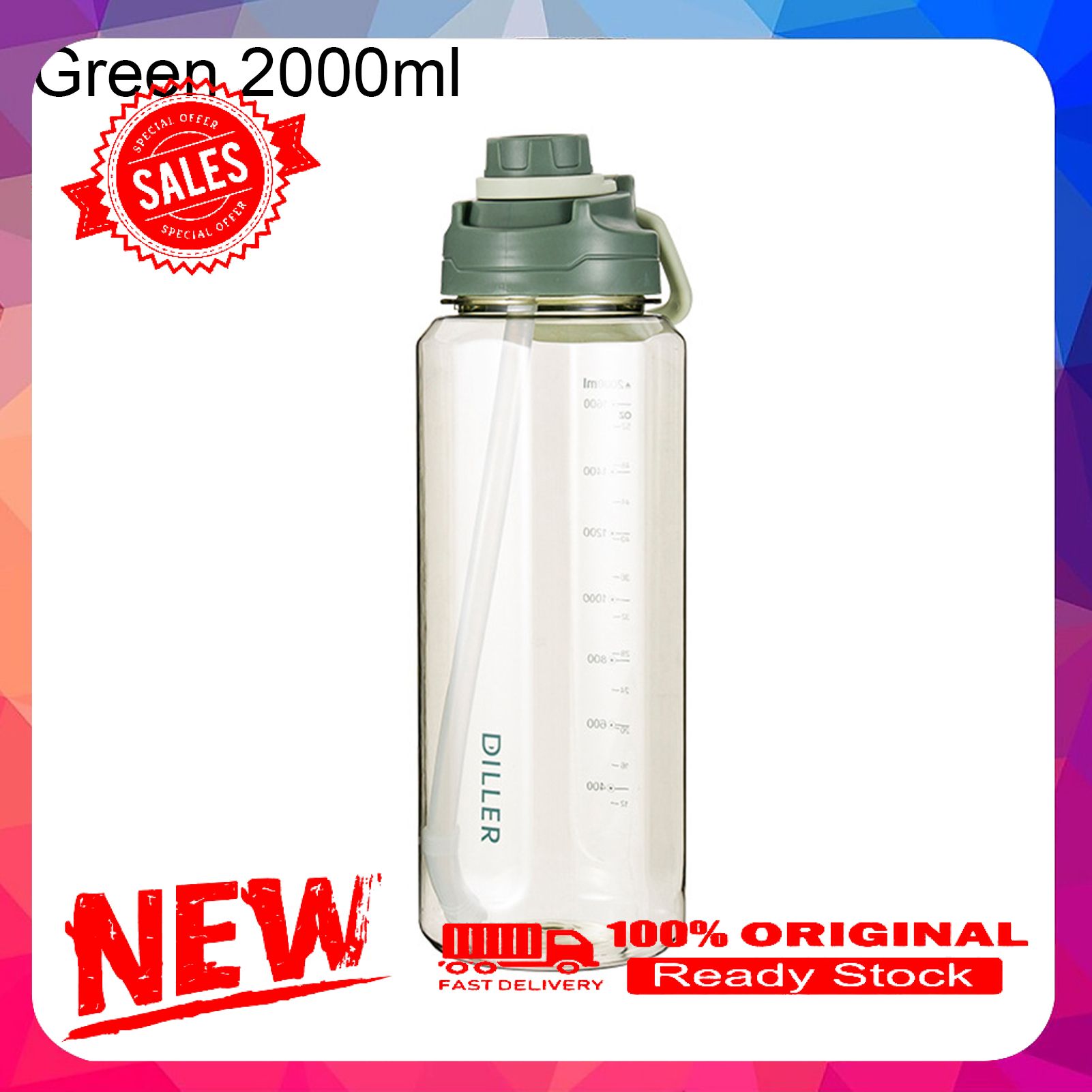 Water Bottle Leakproof Detachable Drinking Straw Eco-friendly 1000/2000ML Plastic Water Space Bottle for Sports