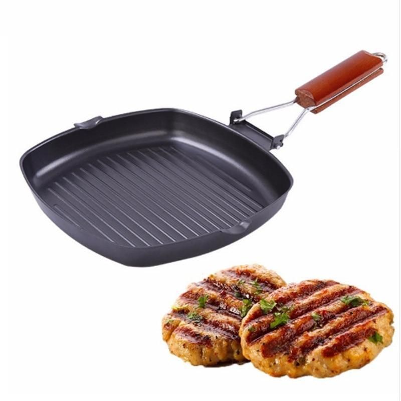 Steak Frying Pan Cast Iron Steak Grill Pans Non-Stick Frying Pan Wooden Handle