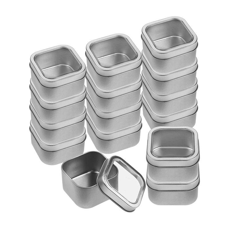 Square Metal Tins with Window Lids,15-Pack Empty Square Silver Tins for Candle Making, Candies, Gifts & Treasures (8 OZ)