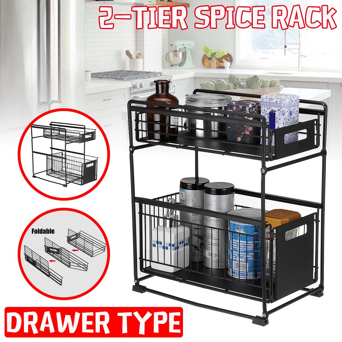 Functional [2 Sizes, Drawer Type] 2-Tier Foldable Spice Rack Organizer Storage Shelf For Kitchen Bathroom Bedroom Livingroom Office