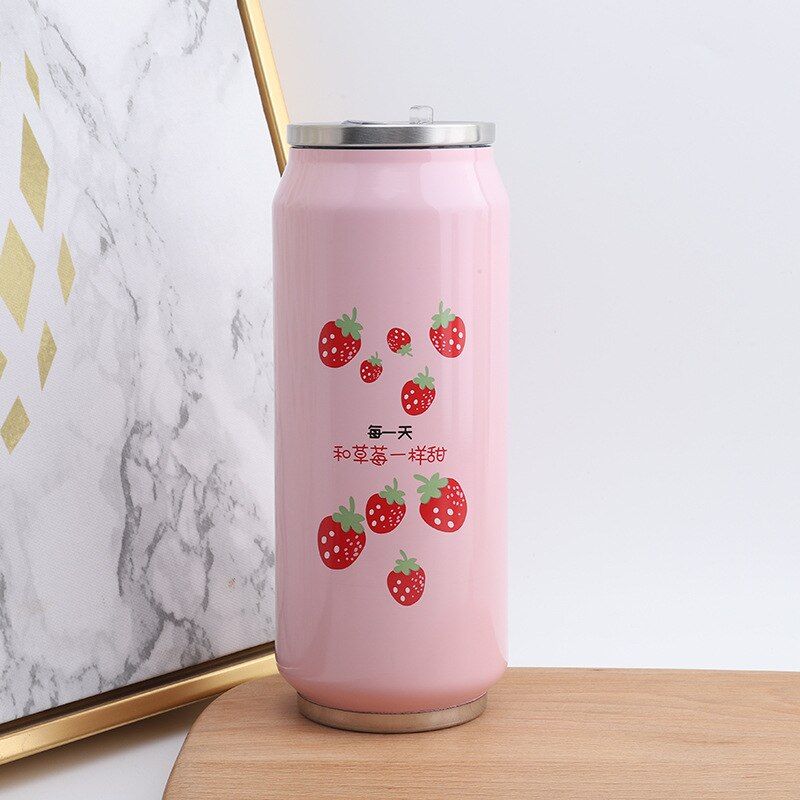 Water Bottle Can Cup Stainless Steel Cute Strawberry Girl Kids Insulated Portable Wide Mouth 500ml Travel Thermos Bottle Can cup