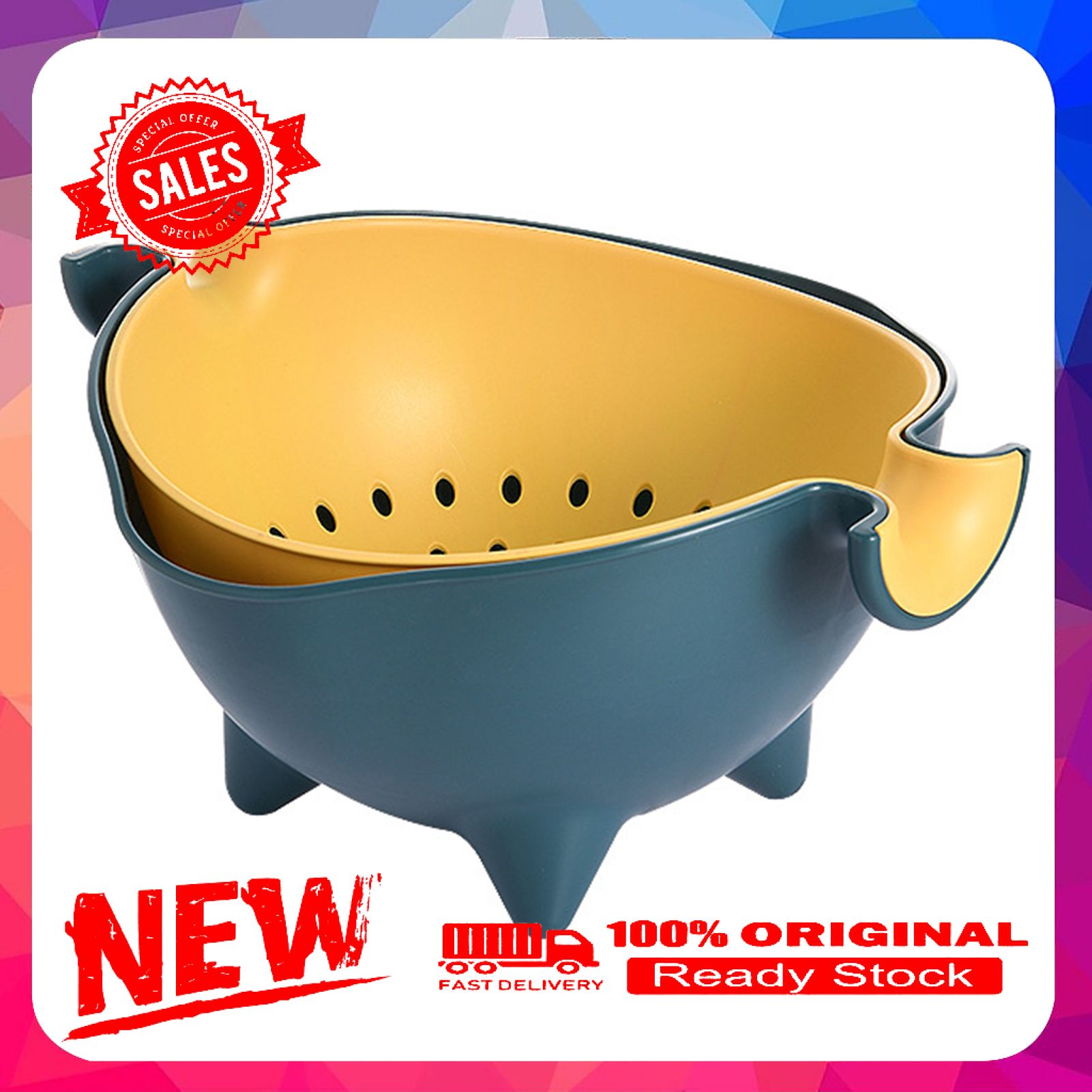 1 Set Drain Basket Anti-slip Handles Double Layer PP Creative Quick Drainage Storage Basket for Kitchen