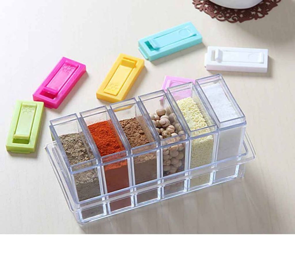 Hojo Plastic Kitchen Seasoning Pepper Caster Salt Condiment Cruet Storage Stand Box(Multicolour, 18.3x6.2x10.5cm) - Set of 6