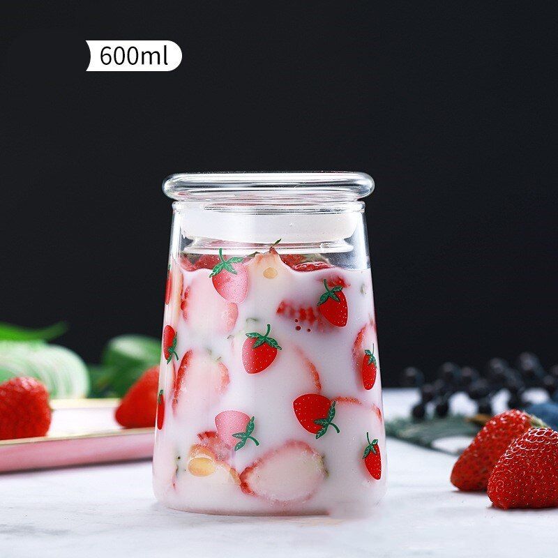 Large Capacity Water Bottle with Straw Cute Water Bottle Glass Strawberry Heat-resistant Cup with Lid Glass Bottle Drinkware