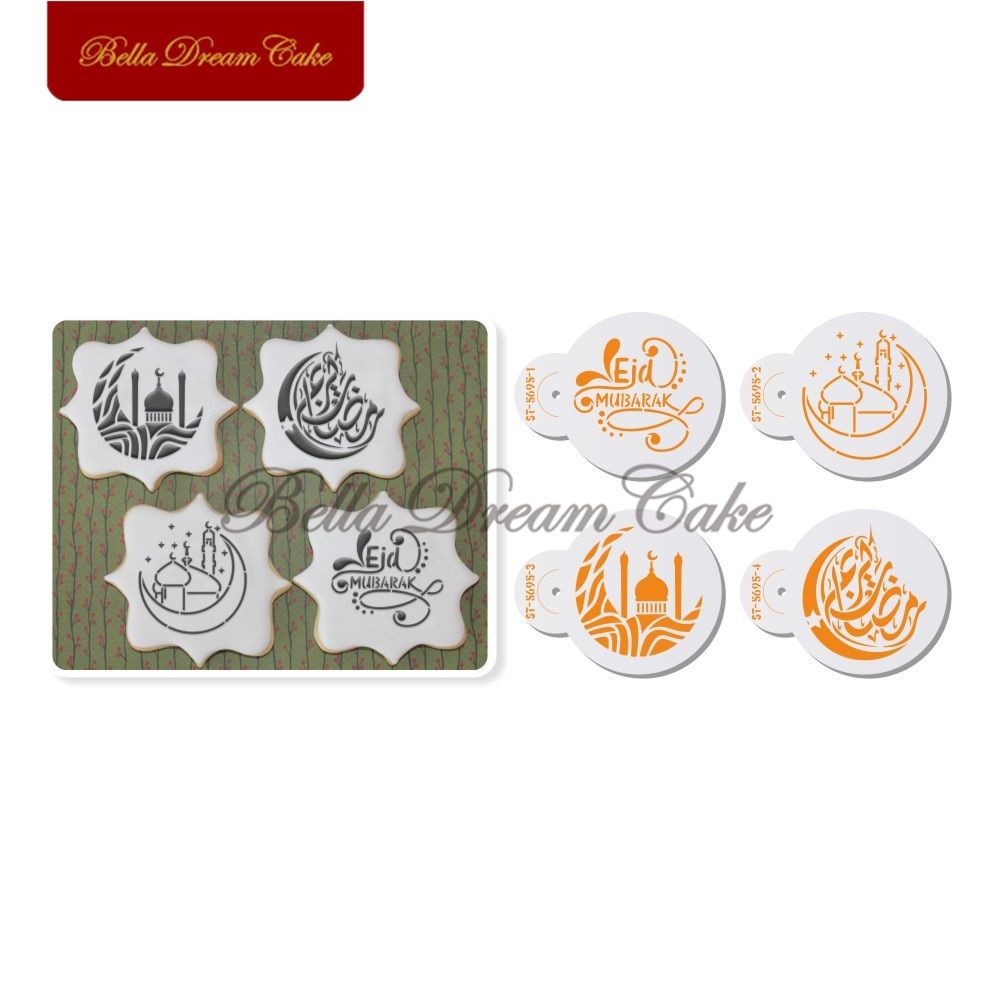 4pcs Eid Mubarak Building Cookies Stencil Set Coffee Cake Stencils Template Biscuits Fondant Mold Cake Decorating Tools Bakeware