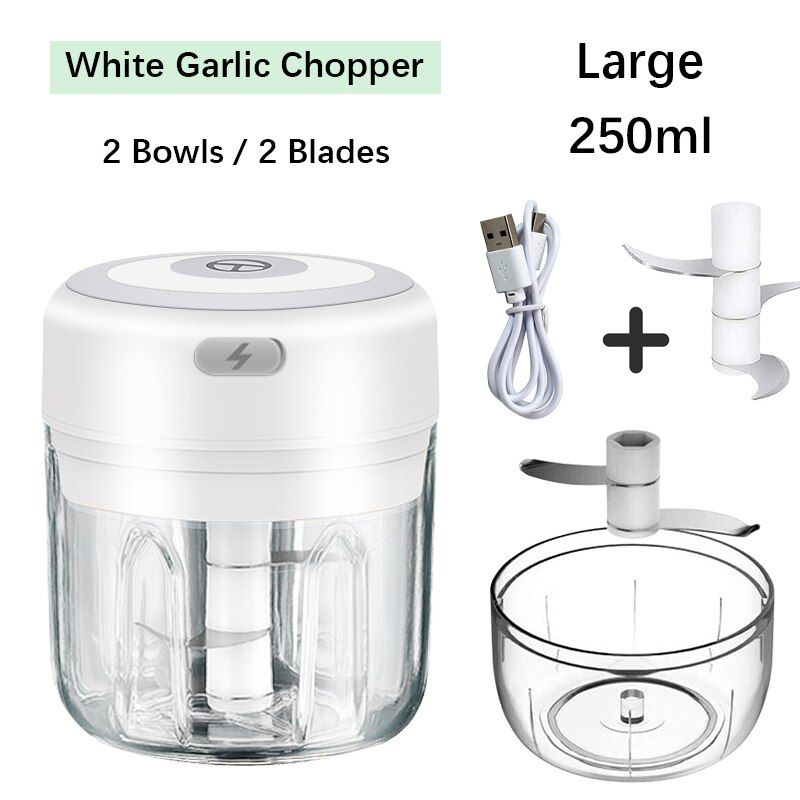 Wireless Electric Garlic Chopper Masher Mincer USB Charging Chopper Chili Meat Grinder Vegetable Tools 100/250/300ml Mini Gadget-White 250ml ValueSet