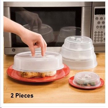2 Pieces MICROWAVE FOOD COVER / Plate Cover Splatter Guard Non Stick Plastic Clear Dish Lid