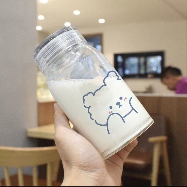 Cartoon Bear Glass Bottles Kawaii Water Bottle Eco Friendly Glass Cute Cups for Student Girl Gift Milk Coffee Waterbottle