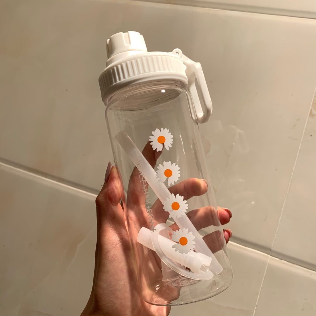 Small Daisy Transparent Plastic Water Bottles 500ml With straw Creative Frosted Water Bottle With Portable Rope Travel Tea Cup