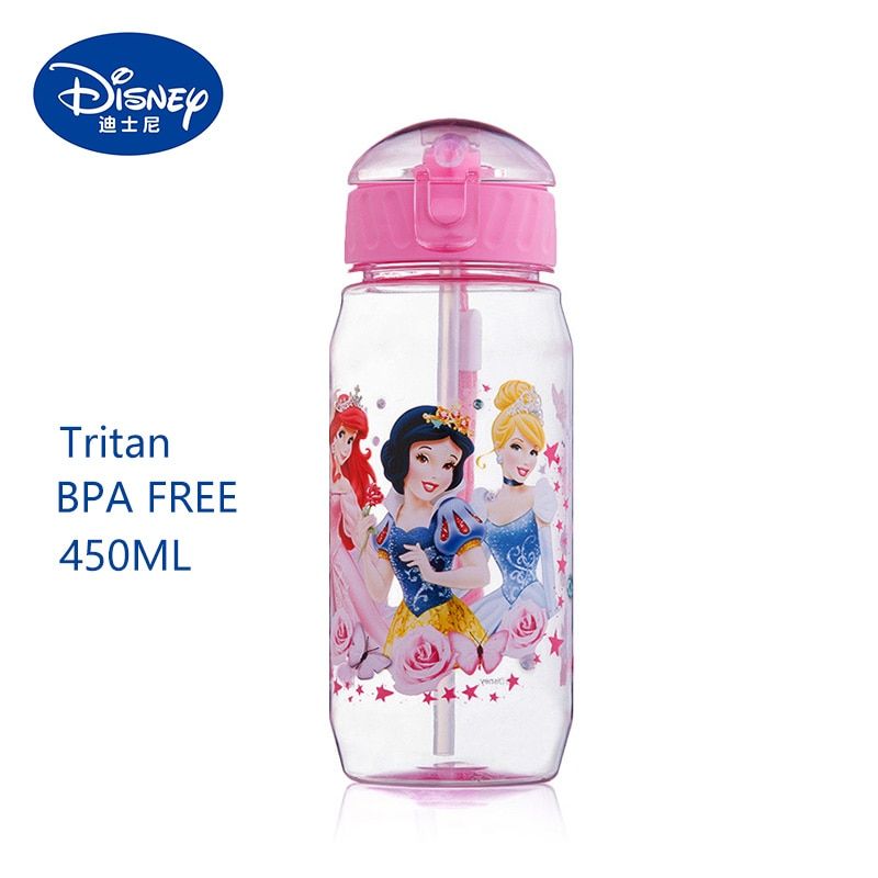Disney Kids Water Bottles 450ml Minnie Mickey Mouse Cartoon Cups with Straw Captain Sport Bottles Girls Princess Feeding Cups