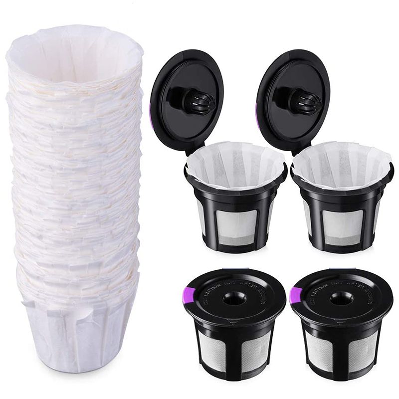 Reusable K Cups with Paper Filters Set, Including 4 Pack K Cups and 100 Pcs Coffee Filters for Keurig 1.0 and 2.0