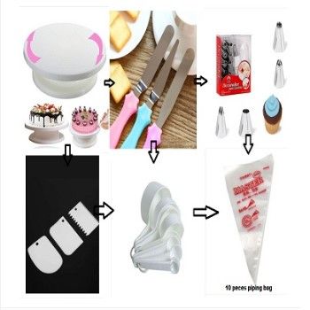 6C Cake Decoration Turntable , 12 Pieces Of Stainless Steel Nozzle Set , 3 pieces of cake planner , Measuring Spoon Cup Set , 3 pieces Plastic Cream Scraper & 10 Pieces Pipping Bags