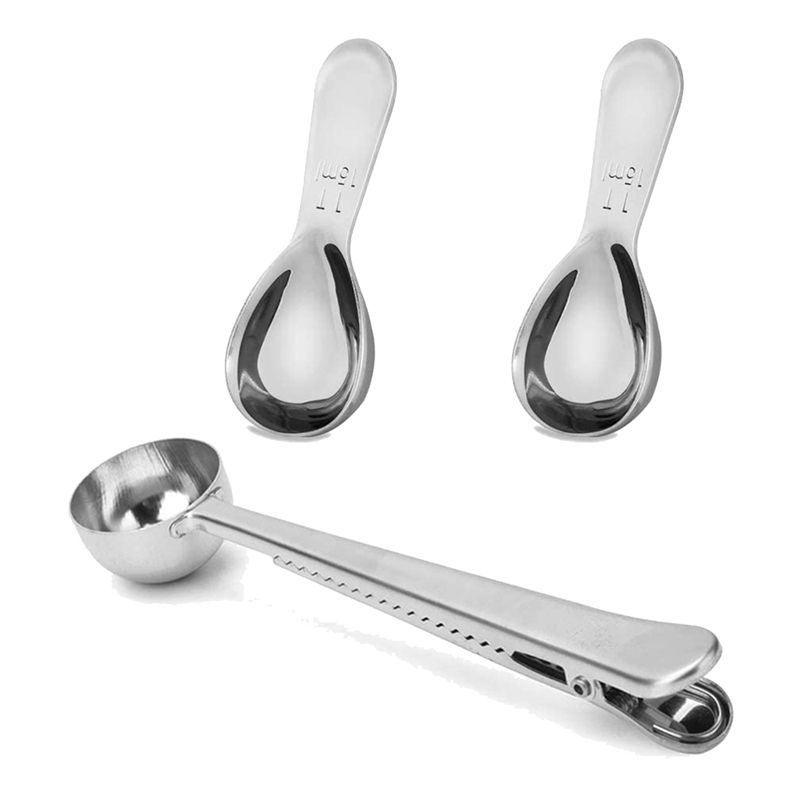 3 Pcs Coffee Scoop,Stainless Steel Short Handle Measuring Spoon with 2 in 1 Long Handle Spoon Clip for Coffee Tea Sugar