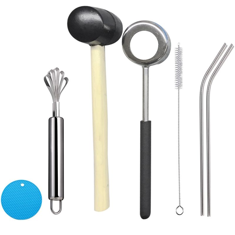 Coconut Opener Tool,Coco Opener for Coconut,Coconut Shell Puncher Knife with Rubber Hammer,Straws,Brush,Silicone Mat