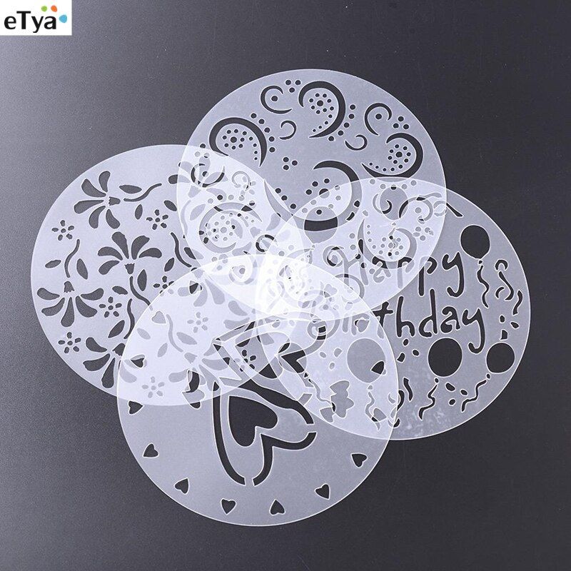 4Pcs/Set 8 Inch  Flower Heart Cake Surface Spray Stencils Template Happy Birthday Cake Mold Printing Film Decorating Bakery Tool