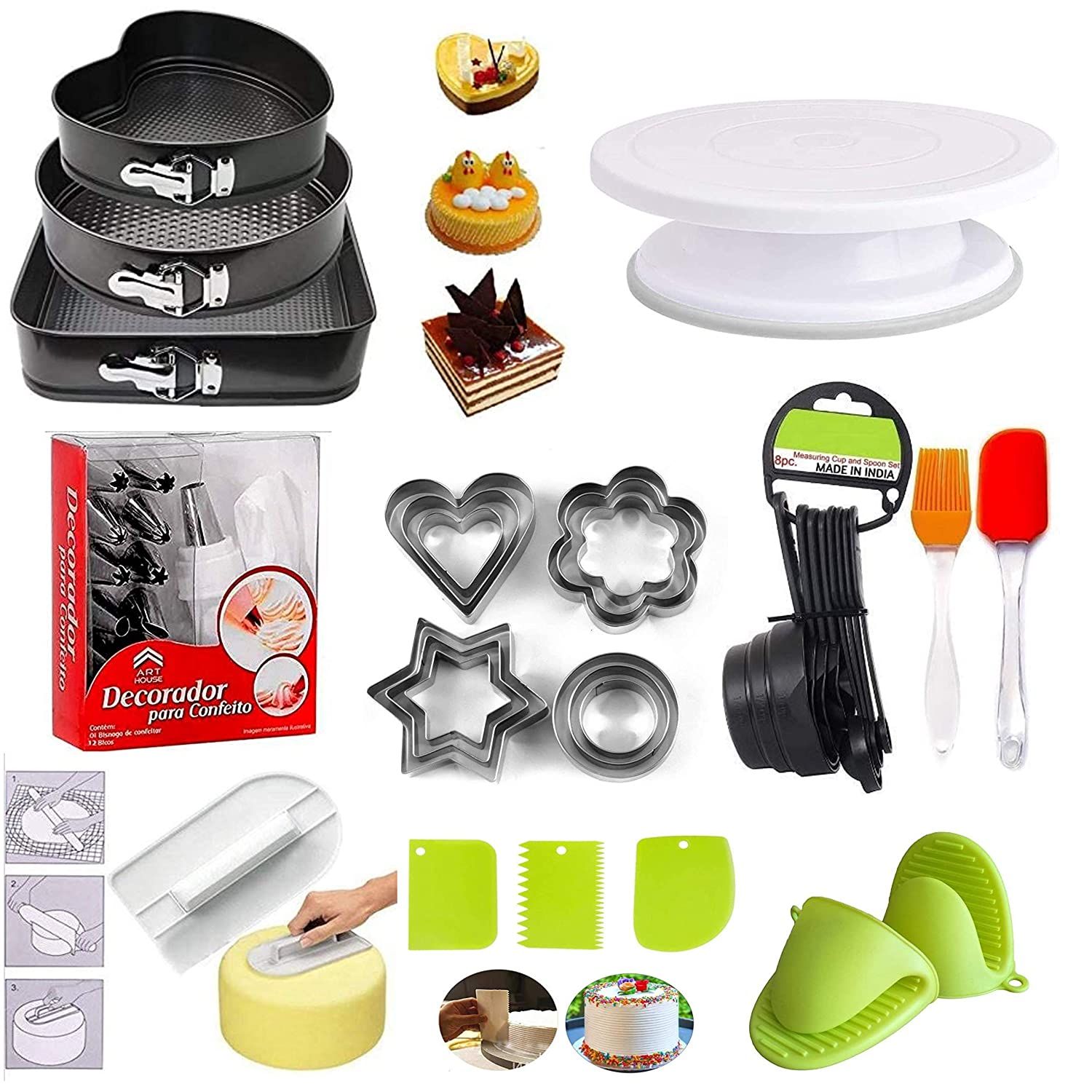 3 Multiple Cake Moulds, Cake Turning Table, 12 pcs Nozzle Set, scrapers, Measuring Cups and Spoon, Silicon Brush Spatula, Hand Clip, Cookies Cutter, Smoother for Cake